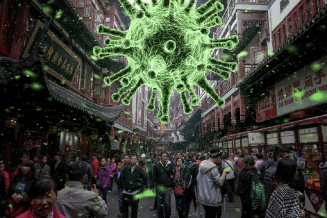 Image of a green, dangerous-looking virus over thousands of people 