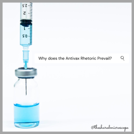 An image of a vial and injection with a search bar next to it that reads "why does the antivax rhetoric prevail?"